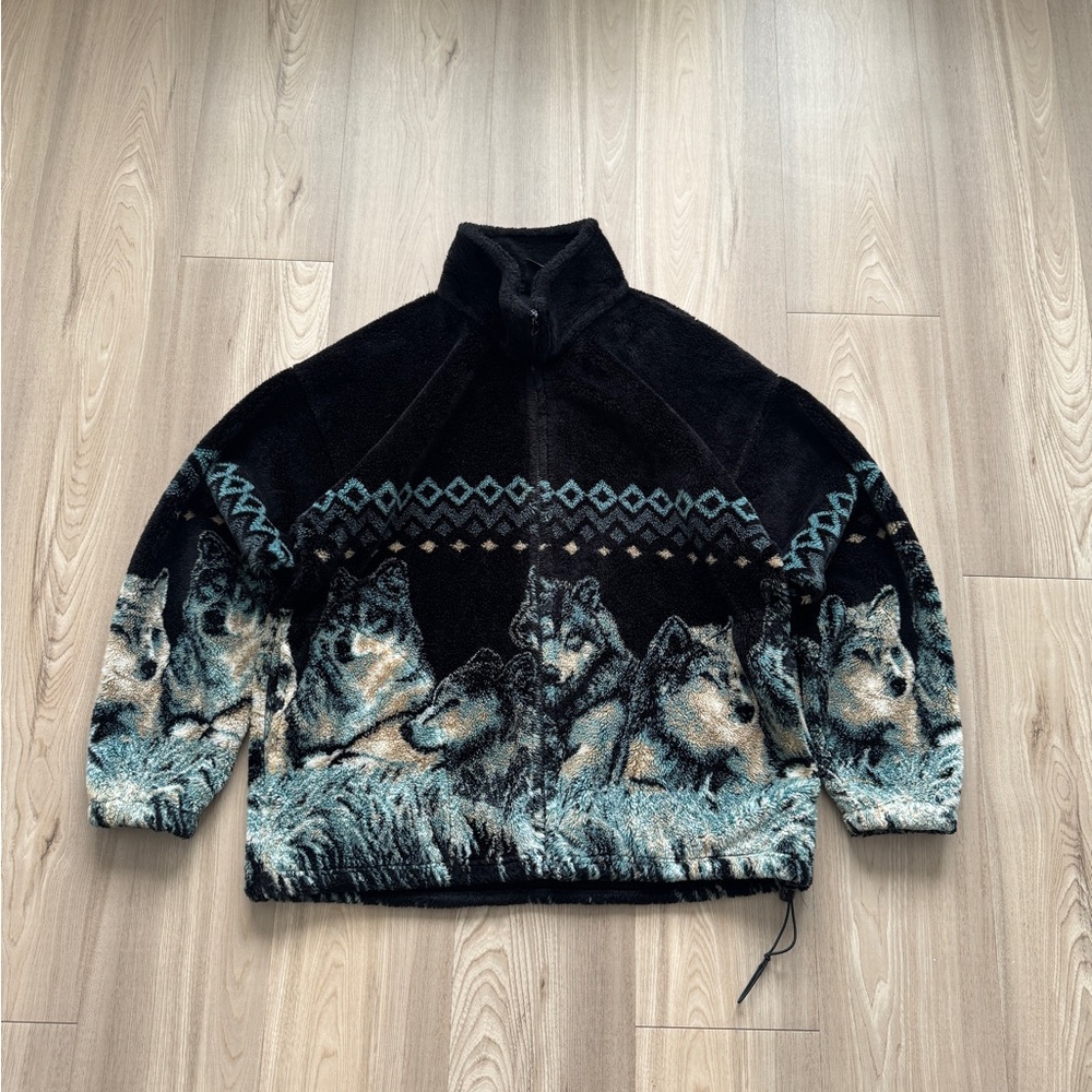 Vintage Mazmania Size Small Made in USA Fleece Wolf Print Full Zip Jacket